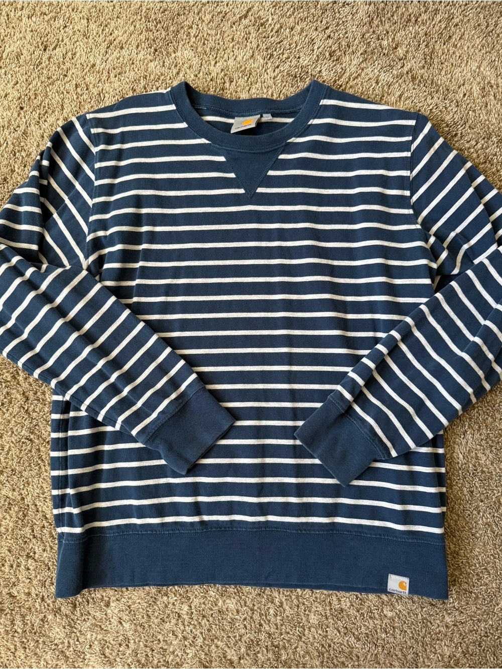 Carhartt Navy and Gray Striped Crewneck Pullover